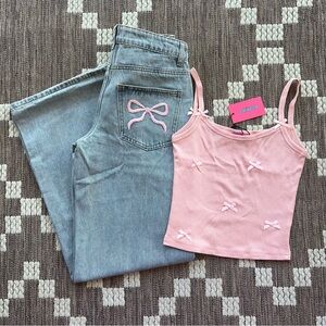edikted Pink Bow Tank Top and Blue Jeans Set XS